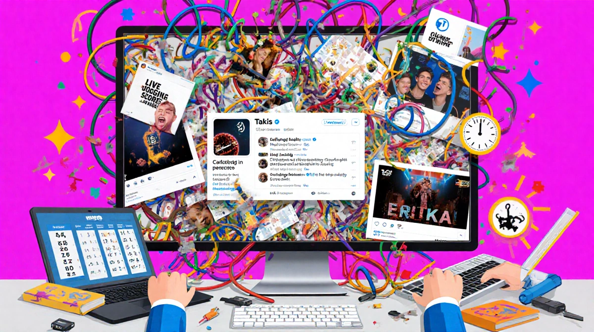 Chaotic social media feed spills across laptops with spinning clocks and glitch art showing Takis branding