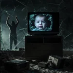 Frustrated person stands behind broken TV with shattered glass reflecting their distorted image and baby