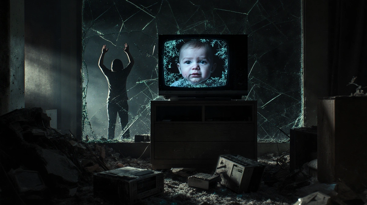 Frustrated person stands behind broken TV with shattered glass reflecting their distorted image and baby