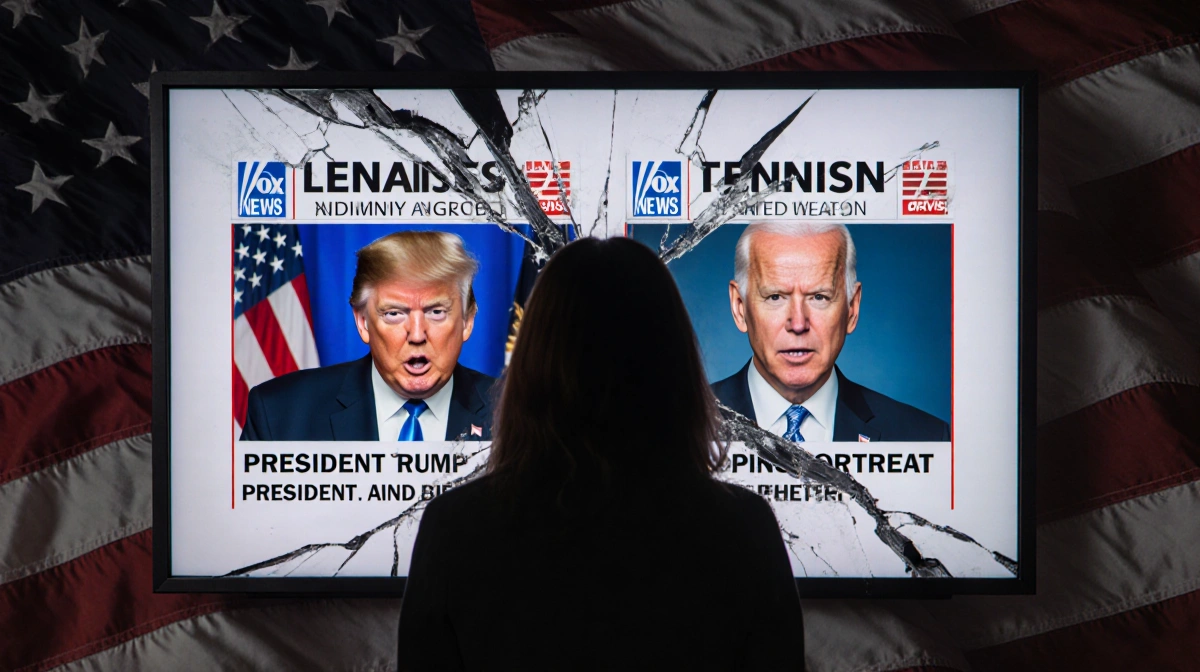 Chappell stands before cracked screen showing Trump and Biden headlines with faded American flag behind