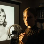Chappell Roan standing alone with a vintage film reel showing Brigitte Bardot image and golden light on her face.
