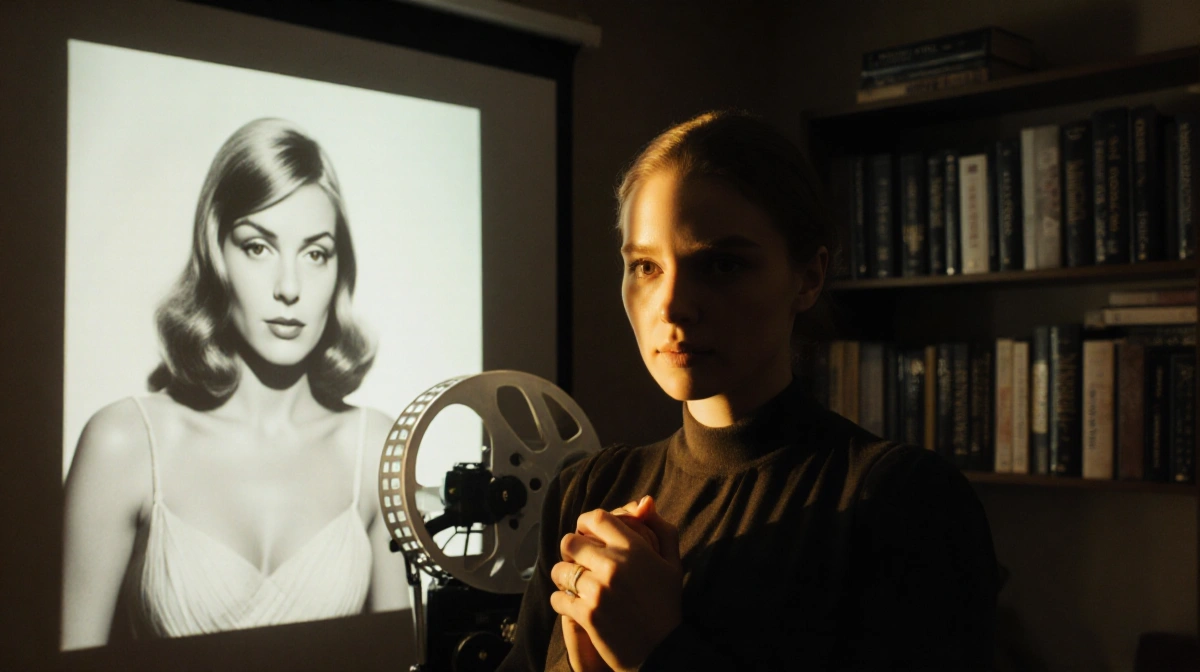 Chappell Roan standing alone with a vintage film reel showing Brigitte Bardot image and golden light on her face.
