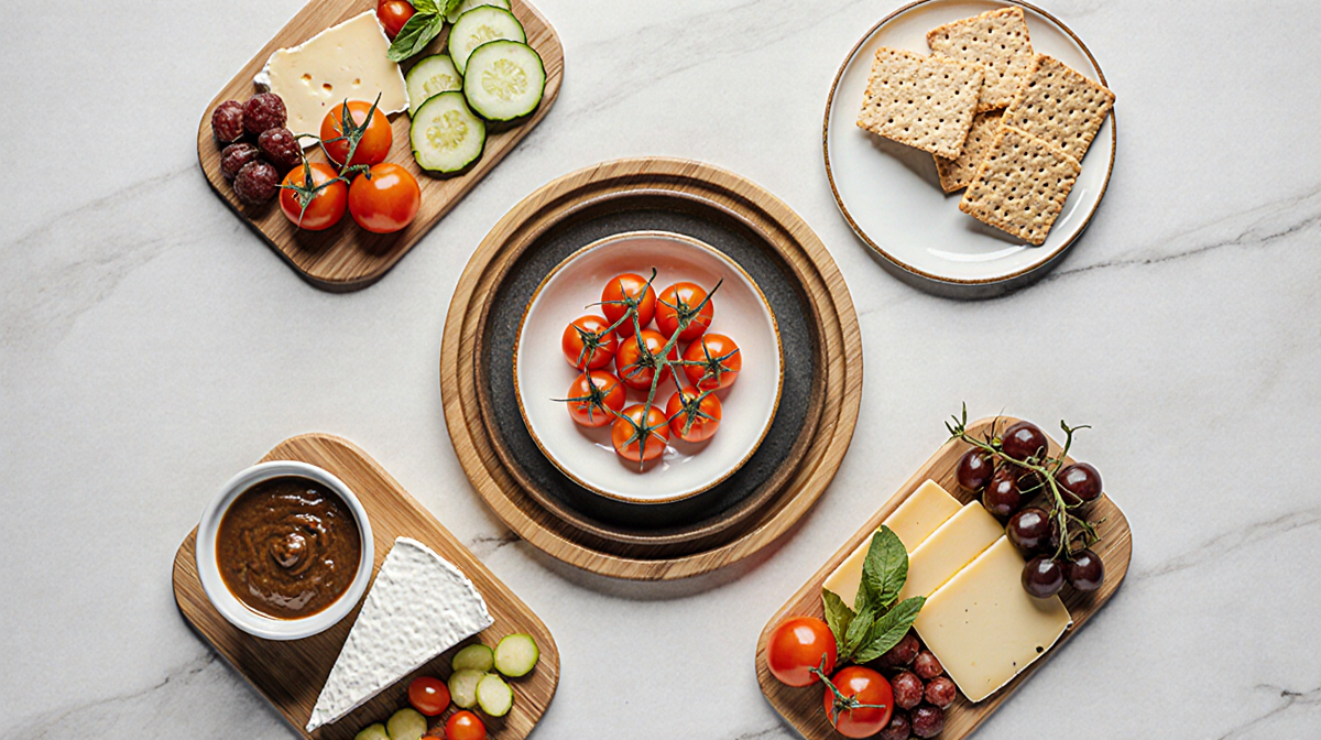 Plate of charcuterie sits on clean background with bamboo tray centerpiece and grid of cheeses and fresh fruit