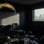 Empty locker room shows abandoned Chargers gear with coach