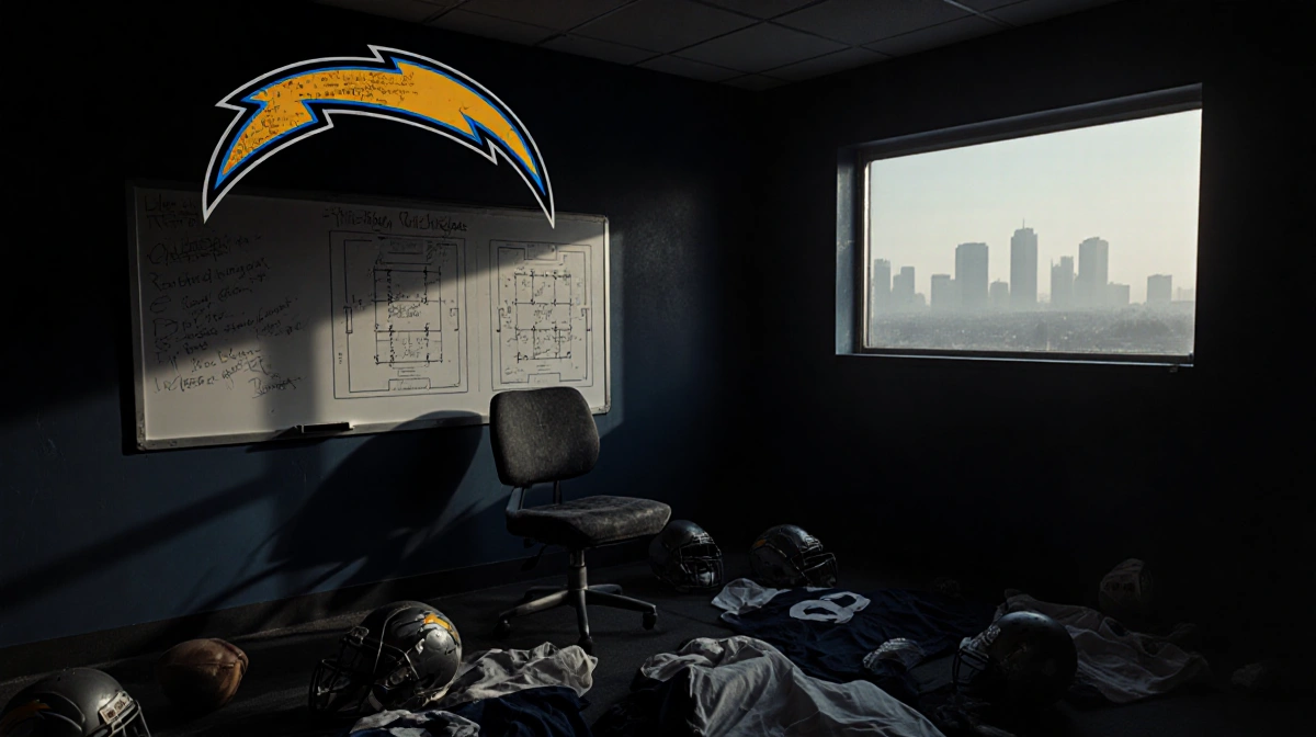 Empty locker room shows abandoned Chargers gear with coach