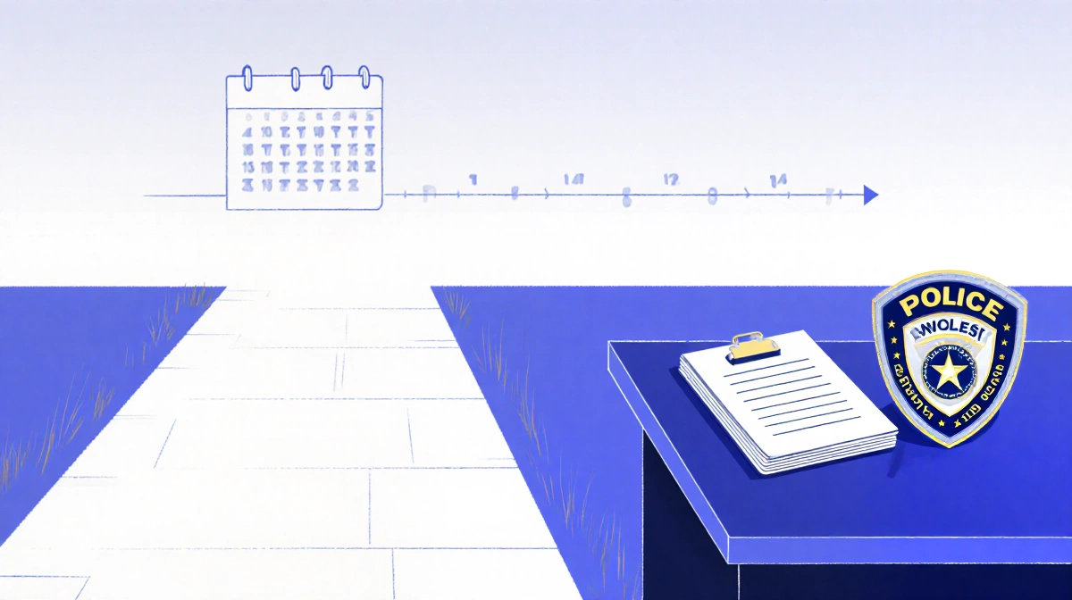Police badge rests on cleared path with closed file and faint calendar showing resolved charges