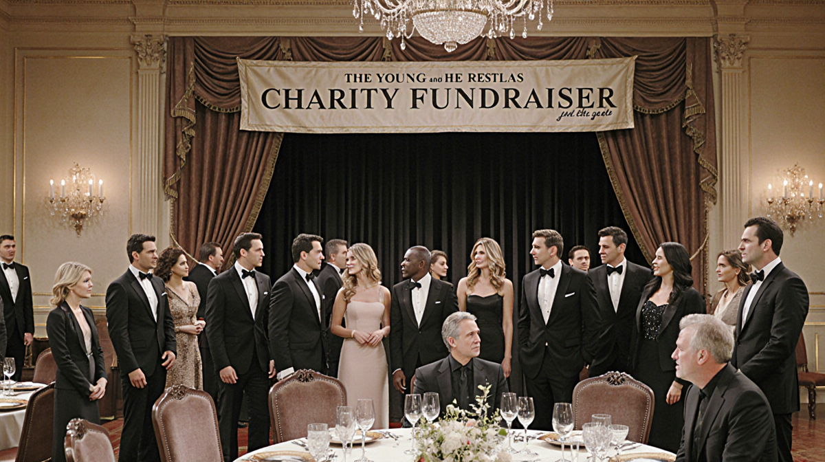 Prominent figures mingle with a charity banner above the head table and lighting in a ballroom