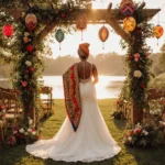 Charity Lawson wearing Yoruba wedding dress with tribal arch and lanterns at garden ceremony