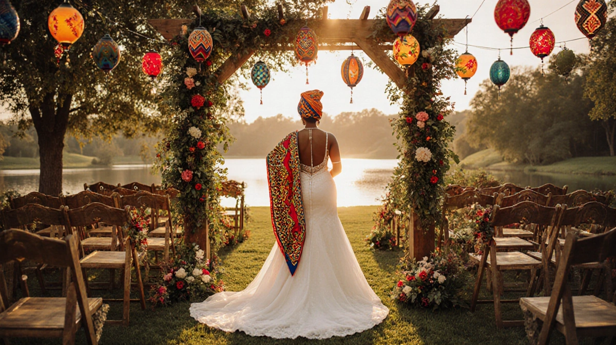 Charity Lawson wearing Yoruba wedding dress with tribal arch and lanterns at garden ceremony