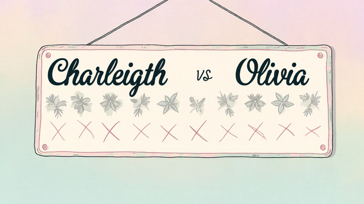 Pastel nameplate shows Charleigh and Olivia in playful cursive with faint crossed-out names behind