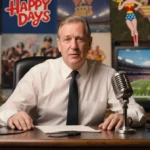 Charles Fox sits at vintage desk with microphone and vinyl record while classic TV show logos and sports memorabilia surround