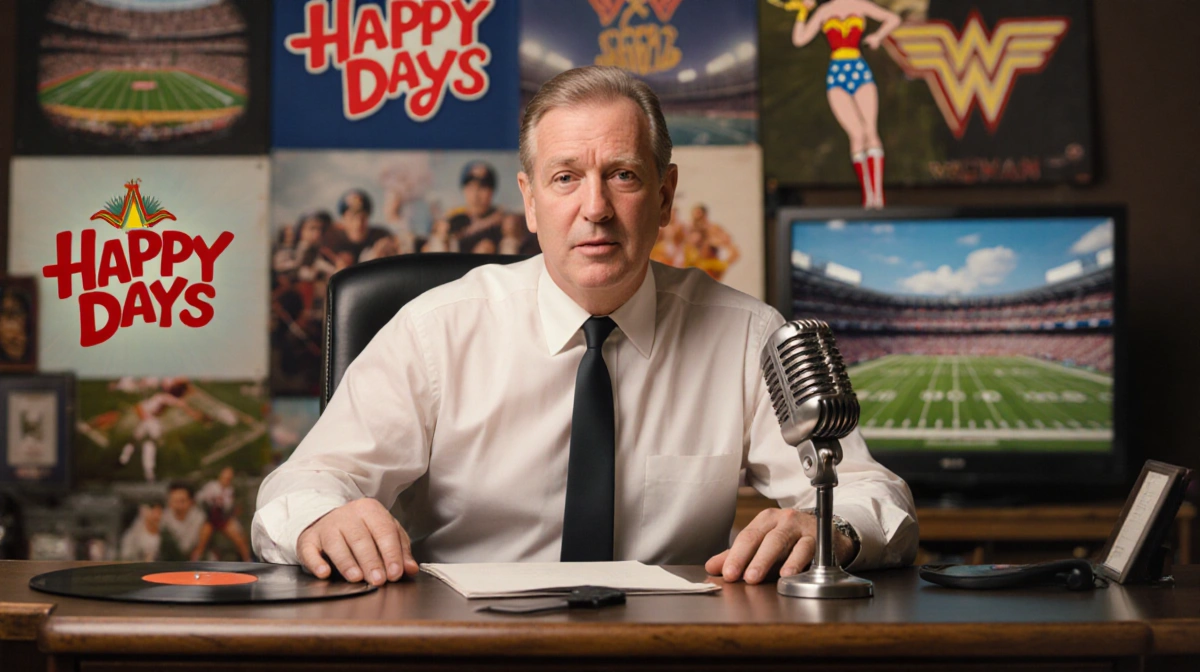 Charles Fox sits at vintage desk with microphone and vinyl record while classic TV show logos and sports memorabilia surround