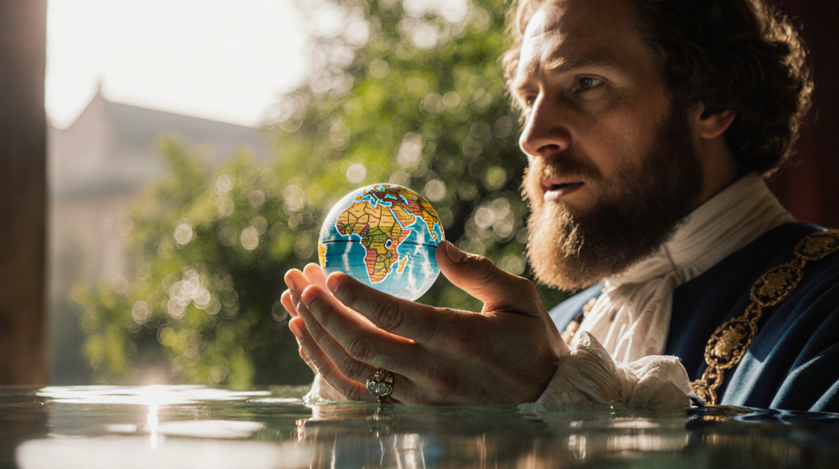 King Charles III's hands holding a small globe with lush greenery and warm natural light and balance