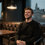 Charlie Heaton chuckles in a dim coffee shop with leather armchairs and a cityscape through windows and hands clasped.