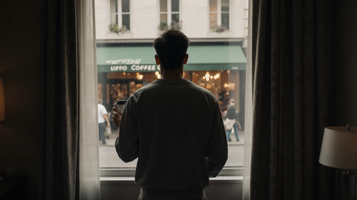 Charlie Puth standing in dim hotel room looking out window at bustling coffee shop with empty glasses beside him.