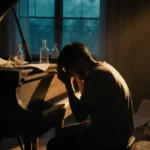 Charlie Puth sits with head in hands on worn piano with scattered music sheets and empty bottles in dimly lit room.