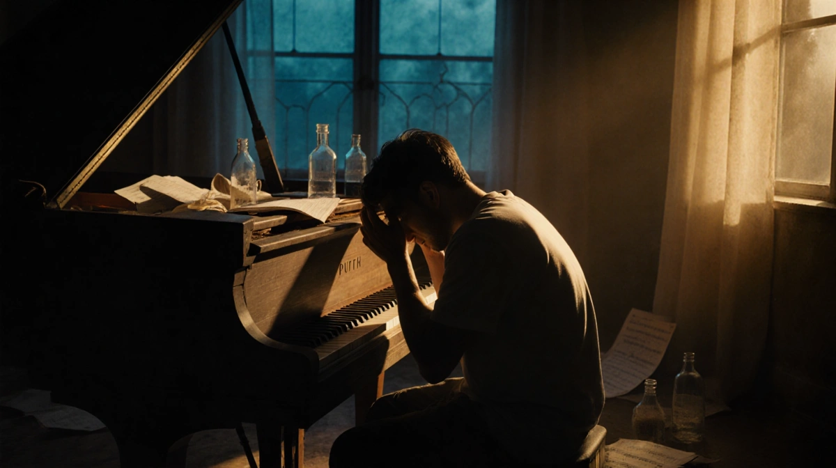 Charlie Puth sits with head in hands on worn piano with scattered music sheets and empty bottles in dimly lit room.