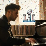 Charlie Puth plays piano with Super Bowl logo visible through window and confetti hinting at national anthem audition