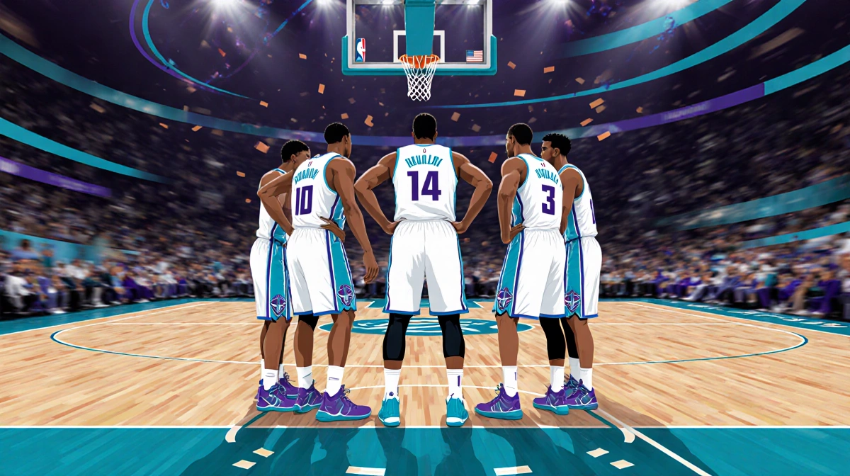 Charlotte Hornets players huddling together with color-highlighted jerseys showing double-digit scoring on blurred court