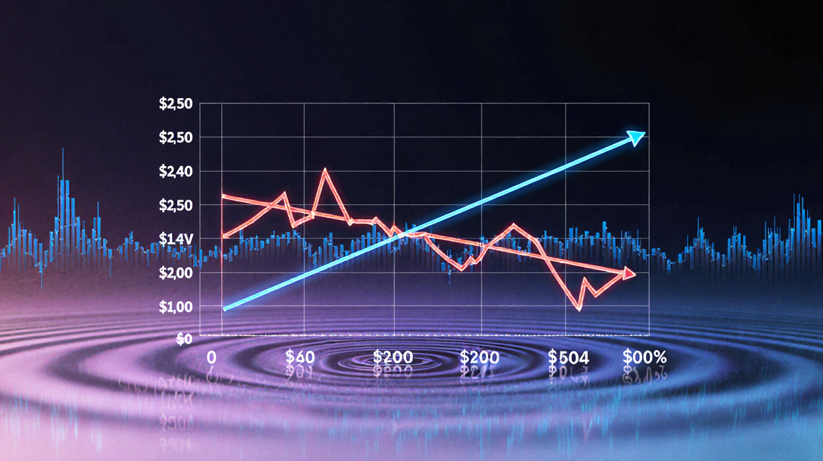 Chart with two lines meeting at $2.50 shows token dip and 200-day average over rippling background reflecting volatility