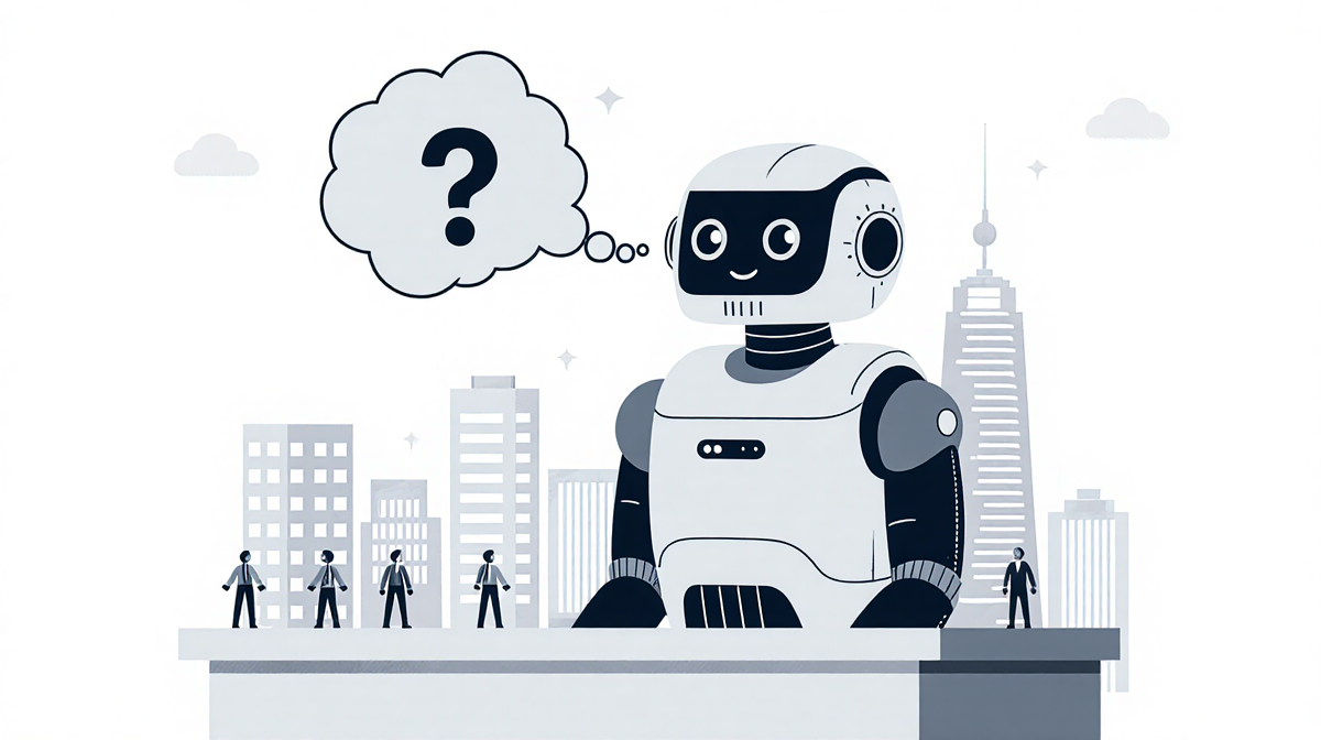 Chatbot sits at desk thinking with a thought bubble showing reasoning and cityscape in background