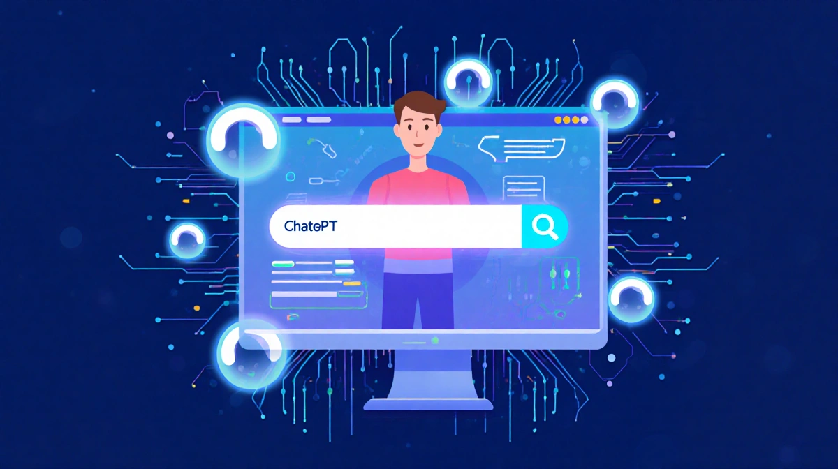 ChatGPT avatar glows with orbs and circuit patterns with code snippets showing AI search innovation