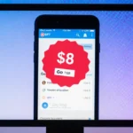 iPhone shows ChatGPT Go tier with red $8 sticker and blue purple gradient background