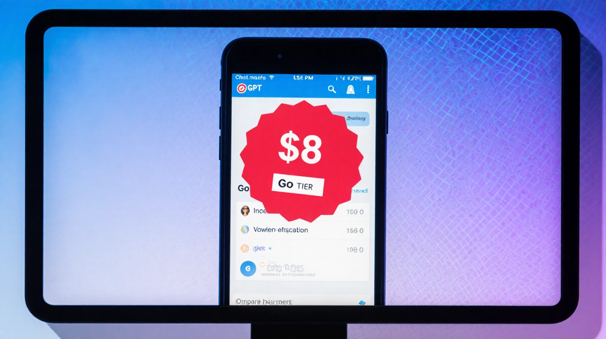 iPhone shows ChatGPT Go tier with red $8 sticker and blue purple gradient background