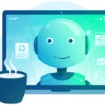 ChatGPT interface showing digital ads with soft blue-green glow and coffee cup on desk