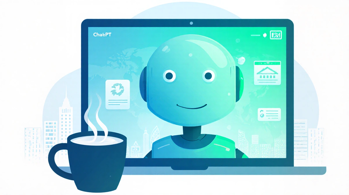 ChatGPT interface showing digital ads with soft blue-green glow and coffee cup on desk