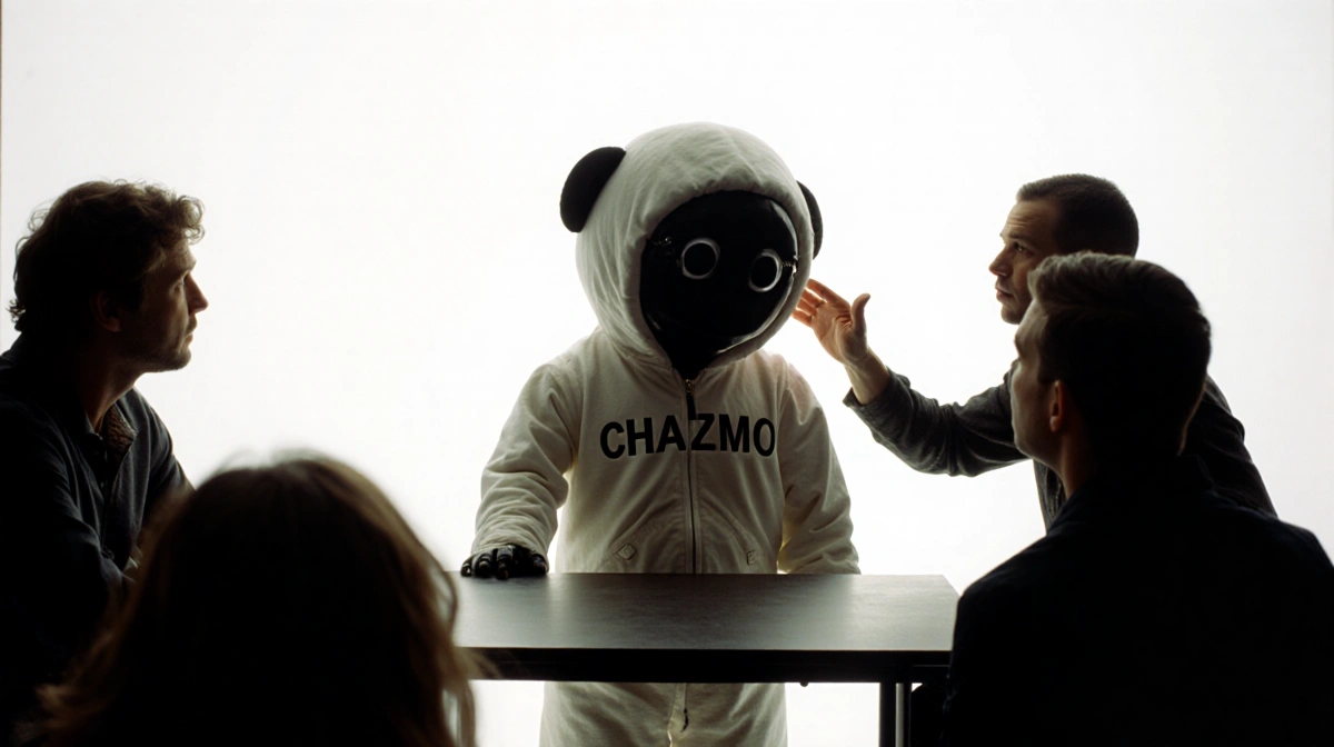 Cast member touches mascot costume with skeptical actors gathered around table