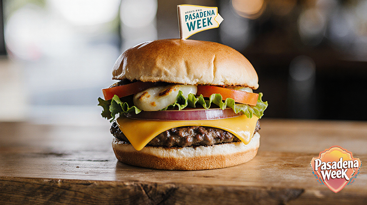 Cheeseburger resting on wooden counter with fresh toppings and a subtle Pasadena Week logo in the blurred background