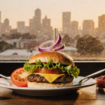 Juicy cheeseburger on wooden table with lettuce tomato onion and California light and Pasadena cityscape seen through window