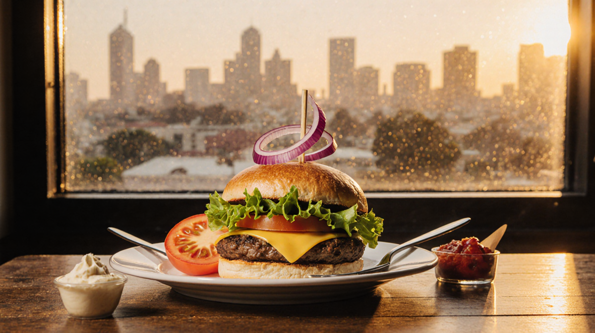Juicy cheeseburger on wooden table with lettuce tomato onion and California light and Pasadena cityscape seen through window