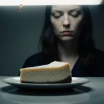 Cheesecake slice sits on examination table with flickering light above and ghostly woman