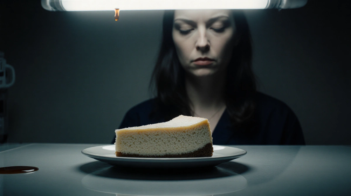 Cheesecake slice sits on examination table with flickering light above and ghostly woman