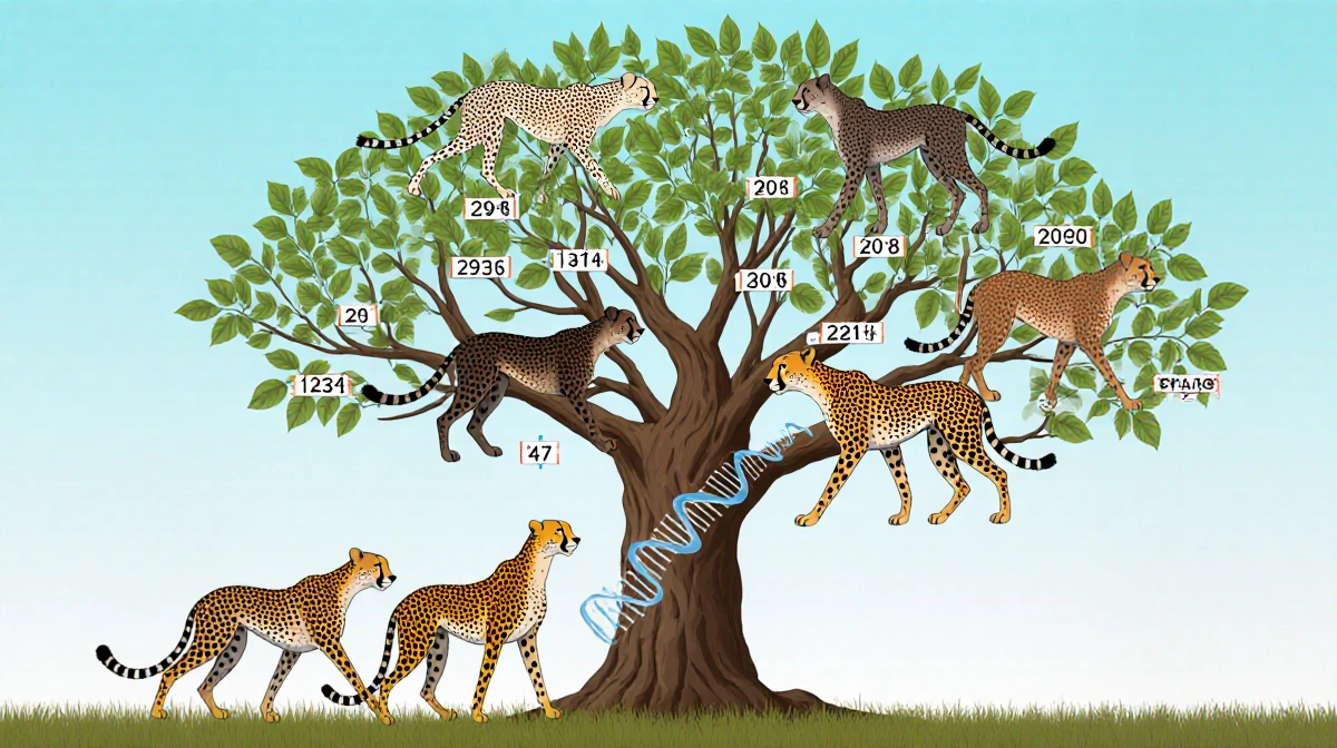 Branching evolutionary tree shows cheetah subspecies with varied coat patterns and DNA helix designs along 4000-year timeline