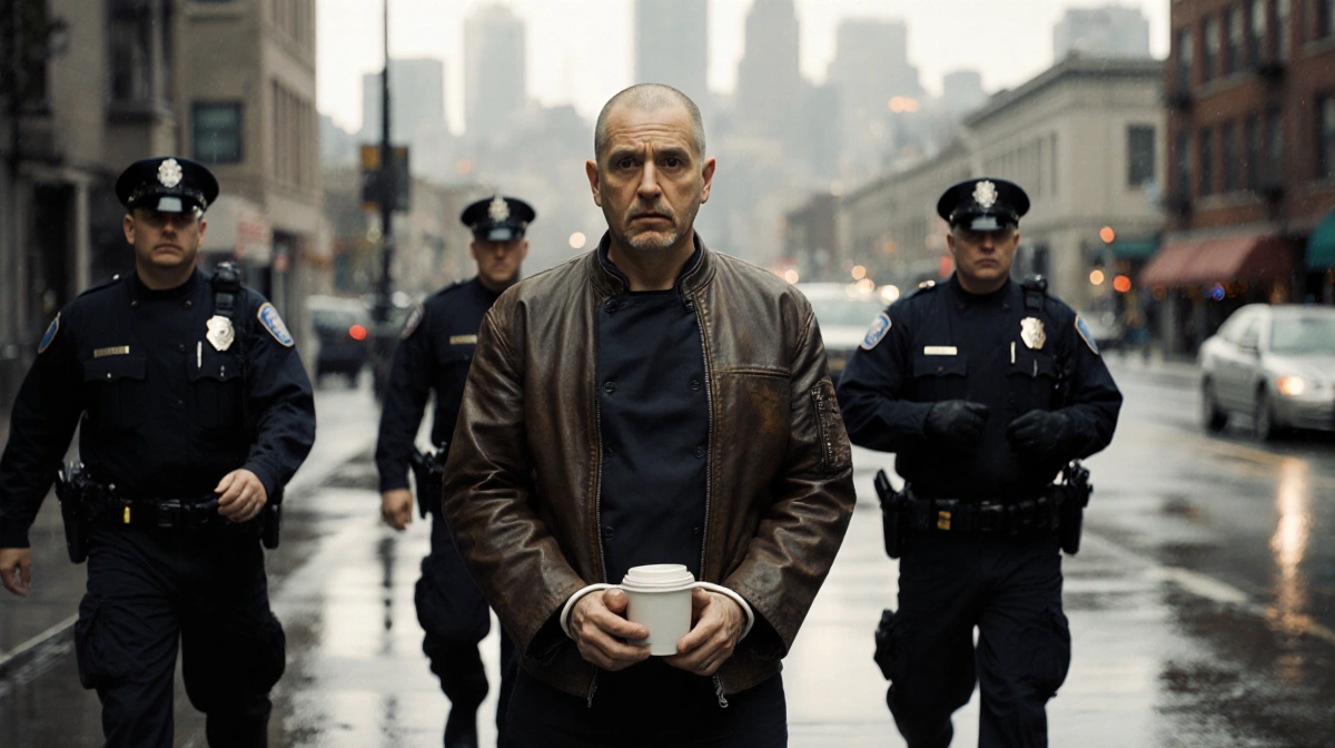 Former chef in handcuffs stands with shocked expression as police officers approach near San Francisco cityscape