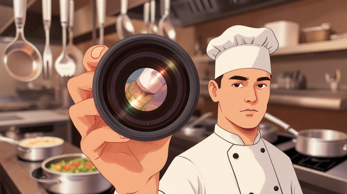 Chef holding camera lens with blurred kitchen utensils and warm lighting