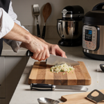 Chef chopping vegetables on a wooden cutting board with a stand mixer and rice cooker nearby