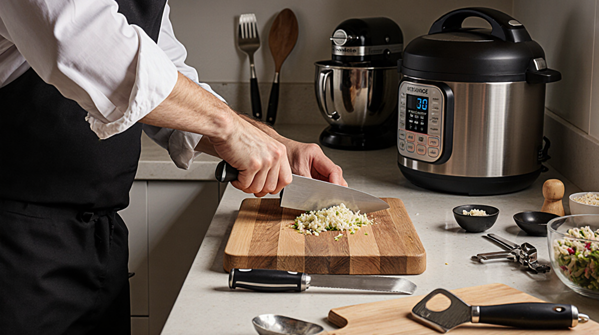 Chef chopping vegetables on a wooden cutting board with a stand mixer and rice cooker nearby