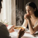 Chef gently holds soup bowl for resting woman with closed eyes and flowers on table