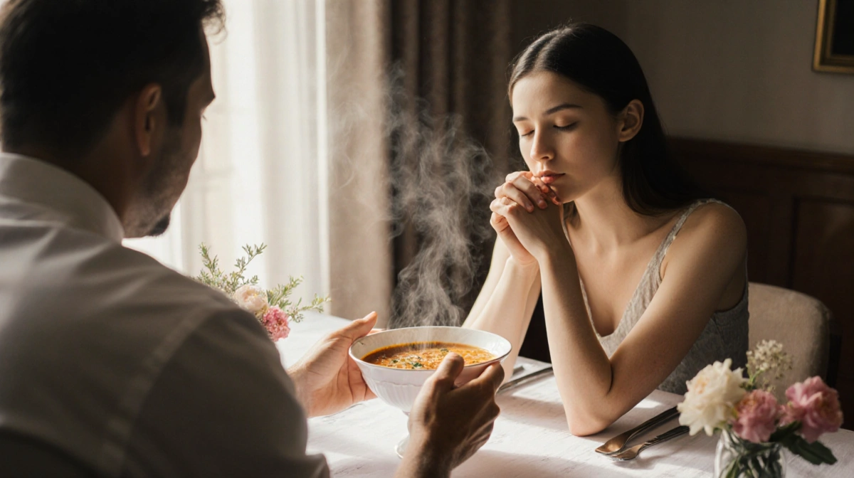 Chef gently holds soup bowl for resting woman with closed eyes and flowers on table