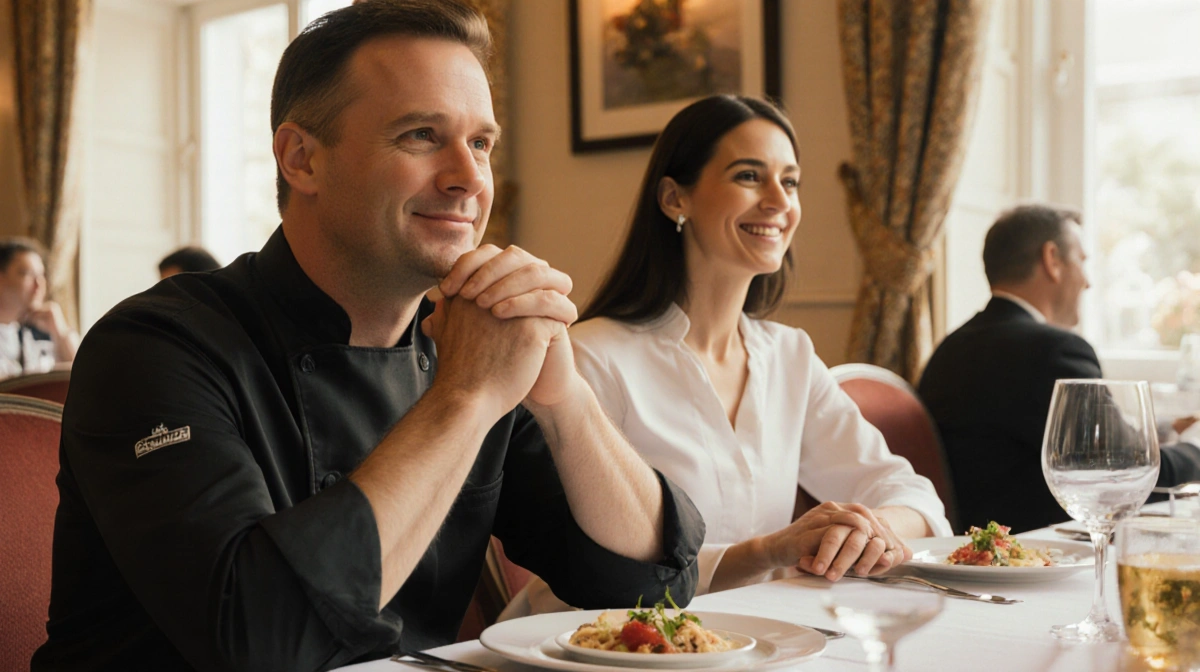 Chef O'Connell holds hands with smiling woman across the table at intimate fine dining restaurant with six-course meal visibl