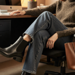 Stylish woman sitting at office desk with her feet tucked into Chelsea boots and soft golden lighting.