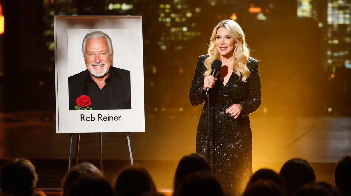 Chelsea-style host speaking to awards audience with microphone and tribute framed photo of Rob Reiner and red rose near stage