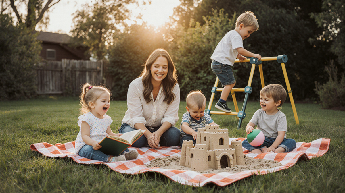 Chelsea Houska smiles while watching her children play with a picnic blanket in a sunny backyard sunset.
