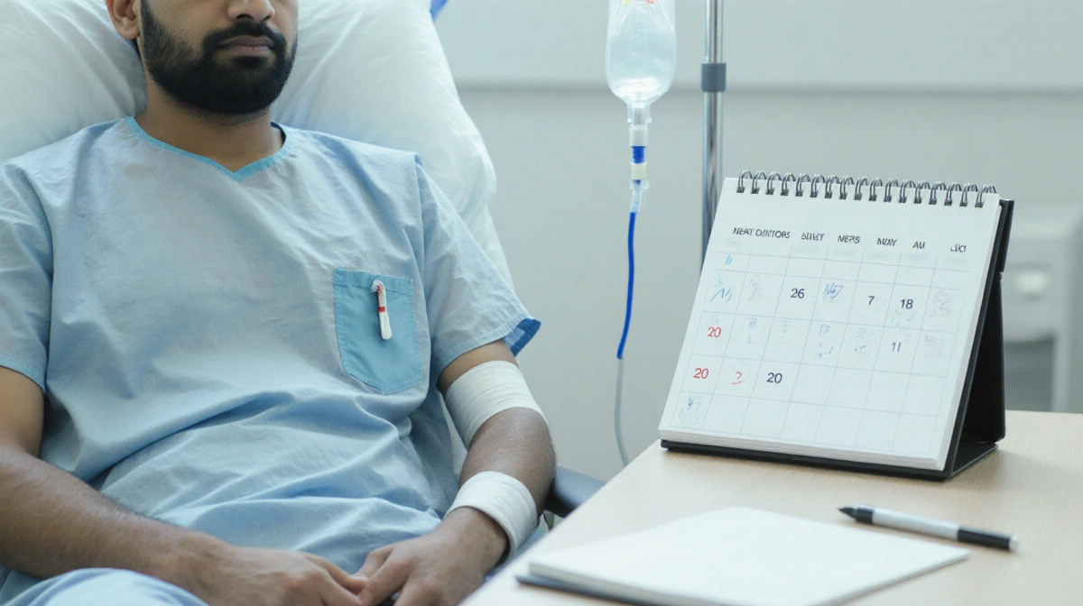 Person receiving chemotherapy treatment in hospital chair with IV pole and work uniform visible under hospital gown