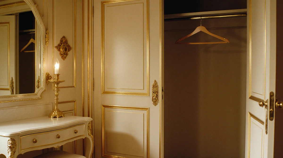 Empty walk-in closet stands open with gold hardware and ornate locks showing luxurious dressing room