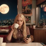 Cher Horowitz scrolling her smartphone at a retro diner counter with plaid outfit and a bright full moon above.